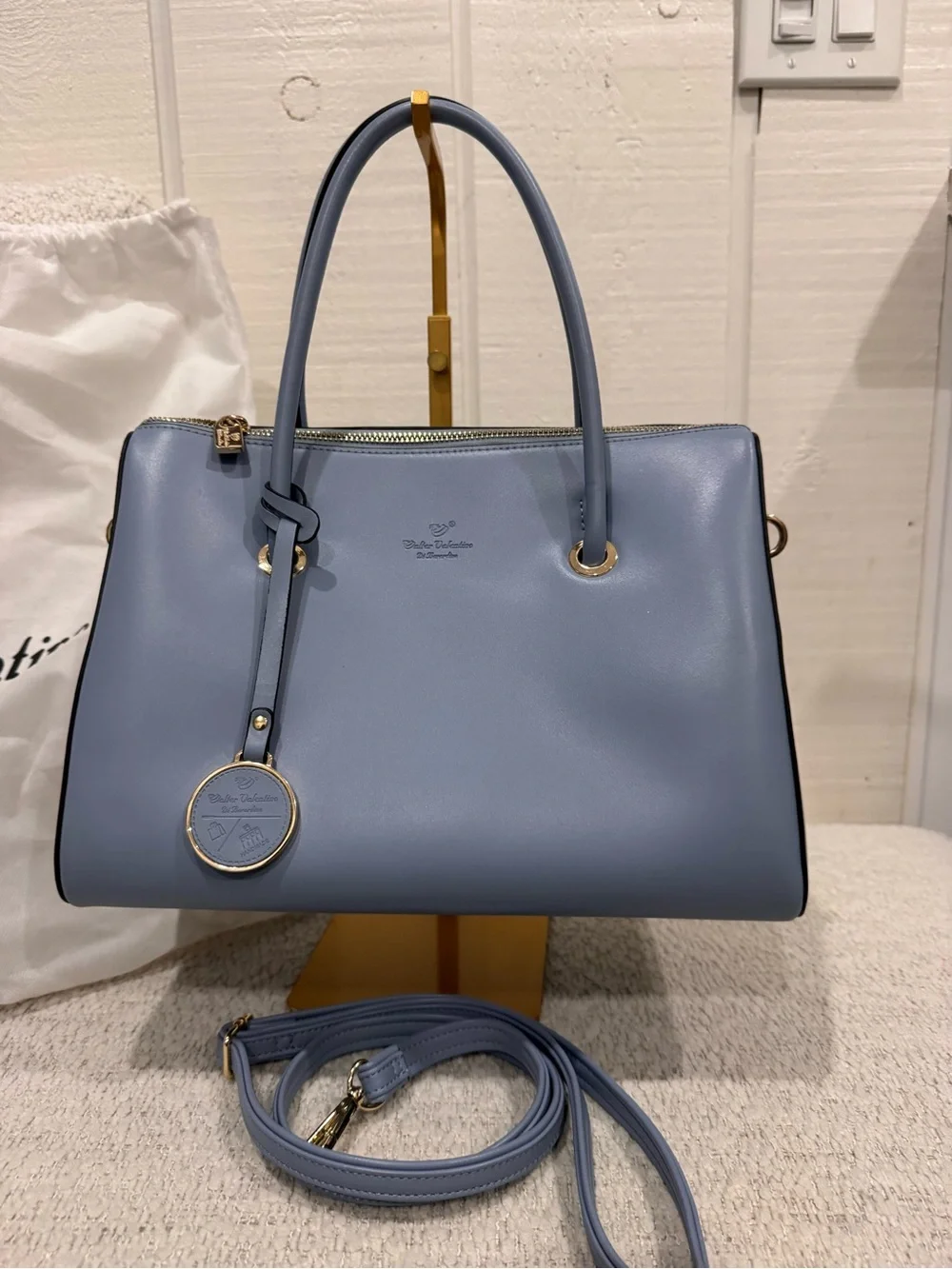 Italian Blue Leather Top-Handle Satchel with Detachable Strap